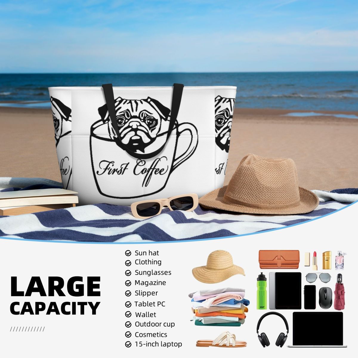 Pug First Coffee Beach Tote Ba - Yoga In Fitness First recensie en prijs